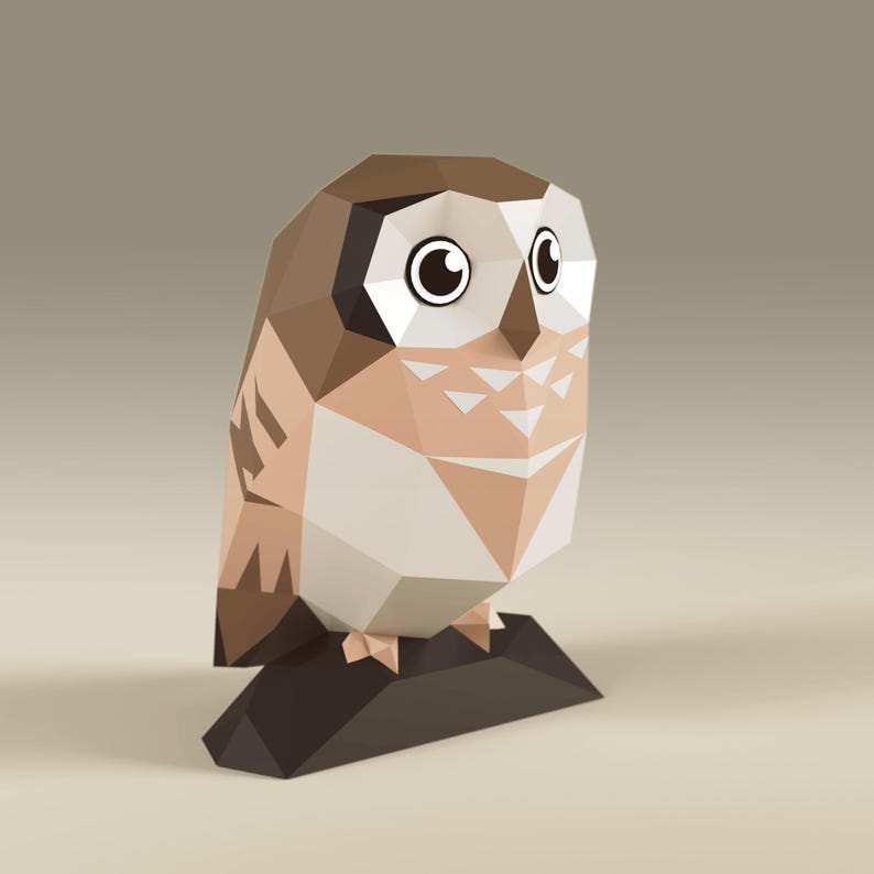 May include: A brown and white origami owl with large black eyes. The owl is perched on a black base.