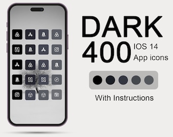 May include: A mockup of a smartphone screen displaying a grid of dark gray app icons with white text. The icons include the letters "N", "a", and "A" and a compass symbol. The text "DARK 400 IOS 14 App icons" is displayed above the phone. A row of five gray circles with varying shades of gray is displayed below the phone.