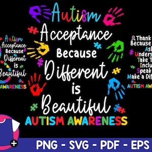May include: A colorful graphic design with the text "Autism Acceptance Because Different is Beautiful" and "Autism Awareness" in a rainbow of colors. The design includes handprints and puzzle pieces.