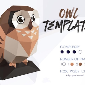 Modello gufo in carta, decorazione gufo in carta 3D, scultura in carta 3D gufo low poly, arte decorativa in carta, regalo fai da te, carta fatta in casa, maschera gufo