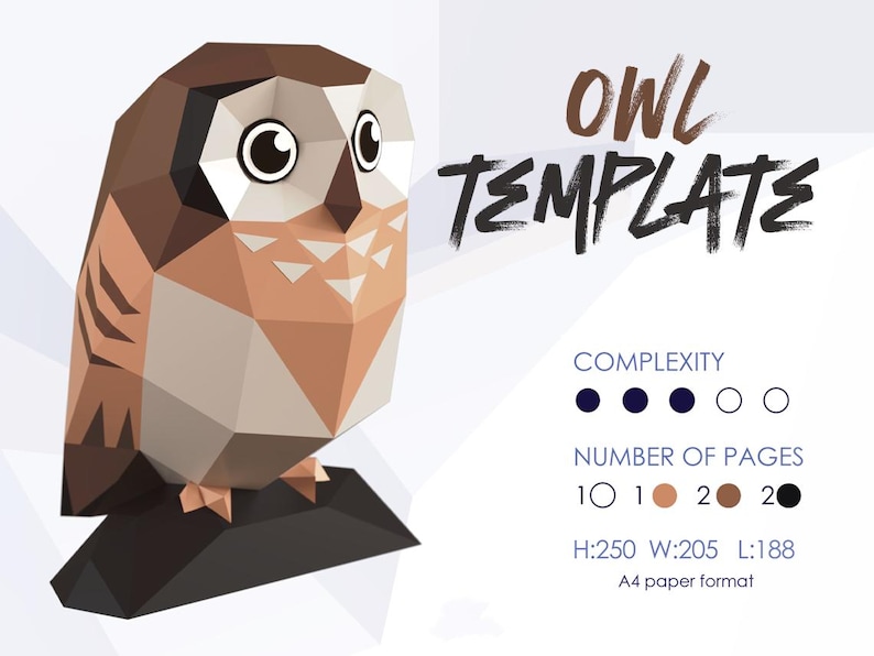 May include: A brown and beige papercraft owl template. The owl is standing on a black base. The template is for a paper model and includes instructions for assembly. The template is designed for A4 paper and has a complexity level of 3 out of 5. The template has 10 to 20 pages. The owl is 250 mm high, 205 mm wide, and 188 mm long.