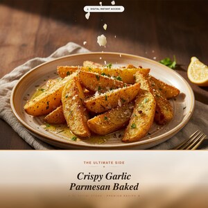 May include: A plate of crispy garlic parmesan baked potato wedges. The golden-brown wedges are sprinkled with parmesan cheese and herbs. The text "Crispy Garlic Parmesan Baked" is displayed below the plate.
