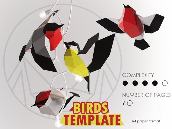 Papercraft Birds, How to make 3D paper craft, paper sculpture pattern, diy gift paper model, PDF template kit, low poly Bird,animal pepakura