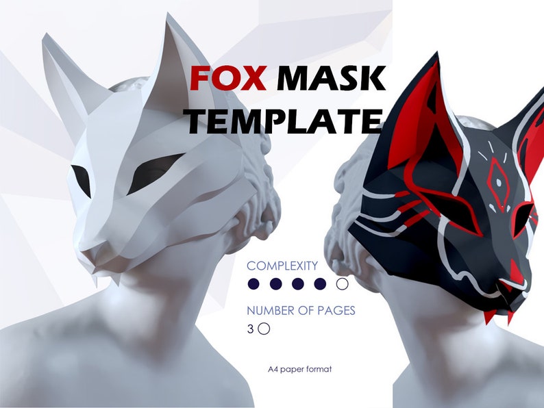 Peut inclure: Un mod&egrave;le imprimable pour un masque de renard. Le mod&egrave;le comprend deux designs diff&eacute;rents, un blanc et un noir avec des accents rouges. Le mod&egrave;le est pour du papier A4 et comporte 3 pages. Le texte "FOX MASK TEMPLATE" est affich&eacute; sur l'image.