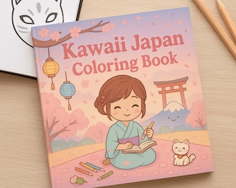 Livro de colorir Kawaii do Japão – Flores de cerejeira e lanternas (para imprimir)