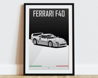 Ferrari F40 Poster White 1980s Classic Supercars Wall Art