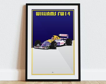 May include: A poster with a black frame featuring a blue and white race car with the text "WILLIAMS FW14" in yellow letters.