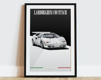 Lamborghini Countach Poster White 1970s Classic Supercars Wall Art