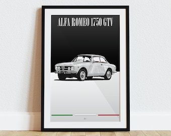 Plakat Alfa Romeo 1750 GTV, biały, klasyka lat 60. XX wieku, sztuka ścienna