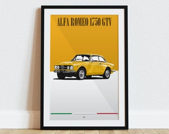 Plakat Alfa Romeo 1750 GTV w kolorze żółtym, klasyka lat 60. XX wieku, sztuka ścienna