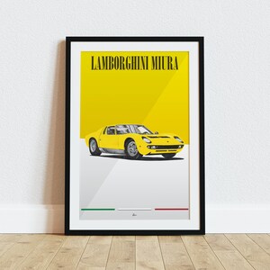 May include: A black framed poster with a yellow background and the text "LAMBORGHINI MIURA" in black. A yellow Lamborghini Miura sports car is featured on the poster.