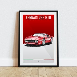 Póster de Ferrari 288 GTO, supercoches clásicos de los años 80, rojo, arte de pared