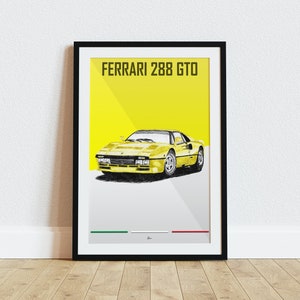 Póster de Ferrari 288 GTO amarillo, supercoches clásicos de los años 80, arte de pared