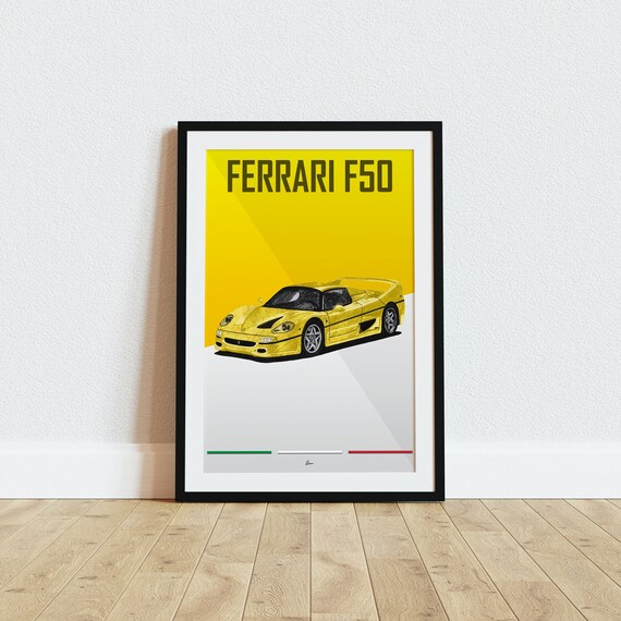 Ferrari F50 Poster Yellow 1990s Classic Supercars Wall Art