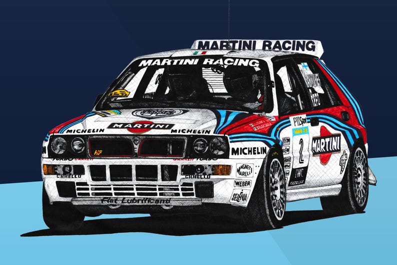 Affiche Voiture Rallye Martini Lancia Delta – Poster Vintage WRC, Déco Murale