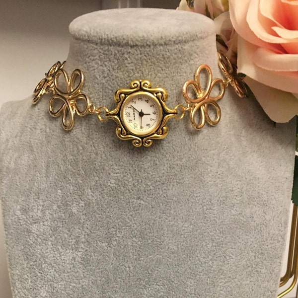 Gold Watch Choker Necklace, Watch Choker, Flower Choker, Gold Choker, Handmade Necklace, Watch Pendant, Choker Necklace