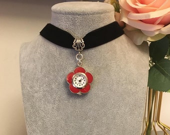 Bekijk choker ketting, zwart fluwelen choker, bekijk choker, handgemaakte ketting, horloge hanger, choker ketting, bloem horloge choker