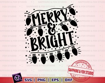 Peut inclure: Conception graphique en noir et blanc avec le texte "Merry & Bright" entouré d'une guirlande de lumières. Le design est parfait pour créer un projet artisanal de Noël ou de fête festif.
