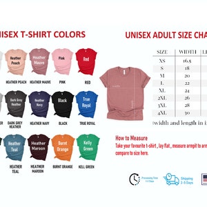 Pode incluir: Tabela de tamanhos de camiseta unissex com medidas em polegadas. A tabela mostra tamanhos do XS ao 4XL com as medidas de largura e comprimento correspondentes. A imagem tamb&eacute;m mostra uma variedade de cores de camisetas, incluindo branco, p&ecirc;ssego mesclado, malva mesclado, rosa, vermelho, mesclado atl&eacute;tico, mesclado cinza escuro, azul marinho mesclado, preto, azul royal, floresta mesclado, azul-petr&oacute;leo mesclado, vinho mesclado, laranja queimado e verde kelly.