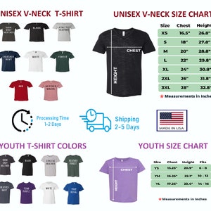 Pode incluir: Tabela de tamanhos para camiseta de gola V unissex com medidas em polegadas. Tabela de tamanhos para camiseta infantil com medidas em polegadas. A tabela mostra as medidas de peito e altura para cada tamanho. As camisetas est&atilde;o dispon&iacute;veis em uma variedade de cores, incluindo cinza escuro mesclado, preto, mesclado atl&eacute;tico, azul marinho mesclado, branco, floresta, vermelho, malva mesclado, cinza escuro mesclado, preto, mesclado atl&eacute;tico, mesclado floresta, azul marinho mesclado, roxo time, branco e azul royal.