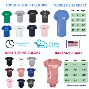 Pode incluir: Uma tabela de tamanhos para camisetas de beb&ecirc; e crian&ccedil;a pequena. A tabela mostra os diferentes tamanhos e as medidas de peito e altura correspondentes em polegadas. A tabela tamb&eacute;m inclui uma lista de cores dispon&iacute;veis para as camisetas, incluindo verde Kelly, cinza atl&eacute;tico, preto, cinza escuro, azul marinho, azul royal, branco e rosa.