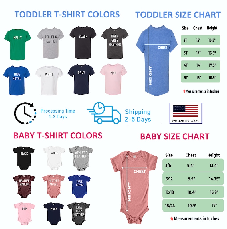Pode incluir: Uma tabela de tamanhos para camisetas de beb&ecirc; e crian&ccedil;a pequena. A tabela mostra os diferentes tamanhos e as medidas de peito e altura correspondentes em polegadas. A tabela tamb&eacute;m inclui uma lista de cores dispon&iacute;veis para as camisetas, incluindo verde Kelly, cinza atl&eacute;tico, preto, cinza escuro, azul marinho, azul royal, branco e rosa.