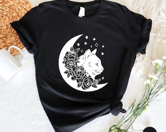 Celestial Cat T-Shirt: Floral Moon, Mystical Feline Tee