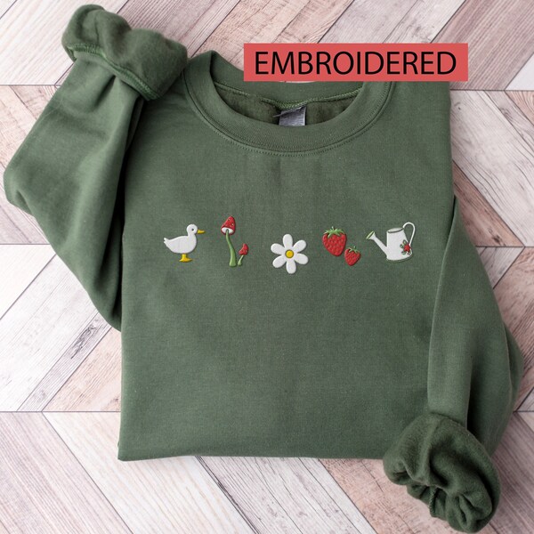 Embroidered Cottagecore Sweatshirt: Duck, Mushroom & Strawberries
