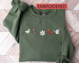 Embroidered Cottagecore Sweatshirt: Duck, Mushroom & Strawberries