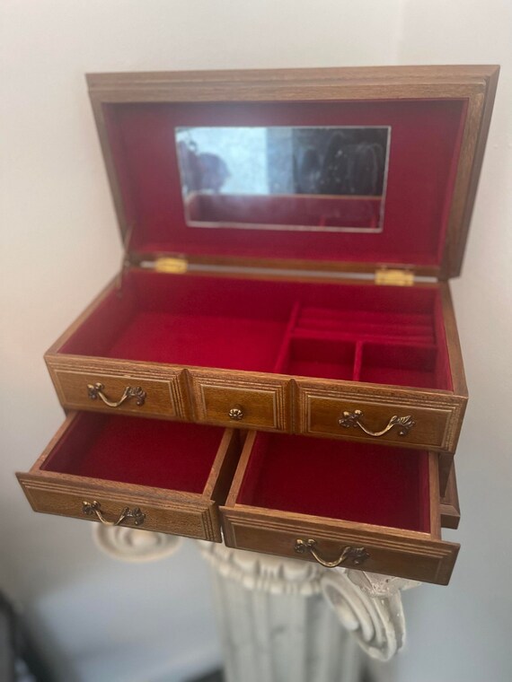 Musical Jewelry Box, Vintage Toyo Japan Oak Wood Red … Gem
