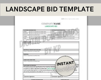 Landscape Bid Template | Proposal | Fillable Form | Easy Lawn Care | Construction Bid