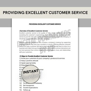 May include: A black and white printable worksheet with the title "Providing Excellent Customer Service". The worksheet includes a section titled "Overview of Excellent Customer Service" and a section titled "15 Ways to Provide Excellent Customer Service".