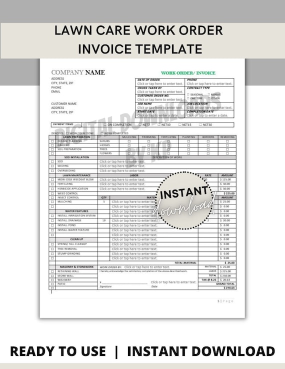 Lawn Care Work Order Invoice Landscape Ticket Etsy Lawn Care Work Order Invoice Landscape Ticket Etsy