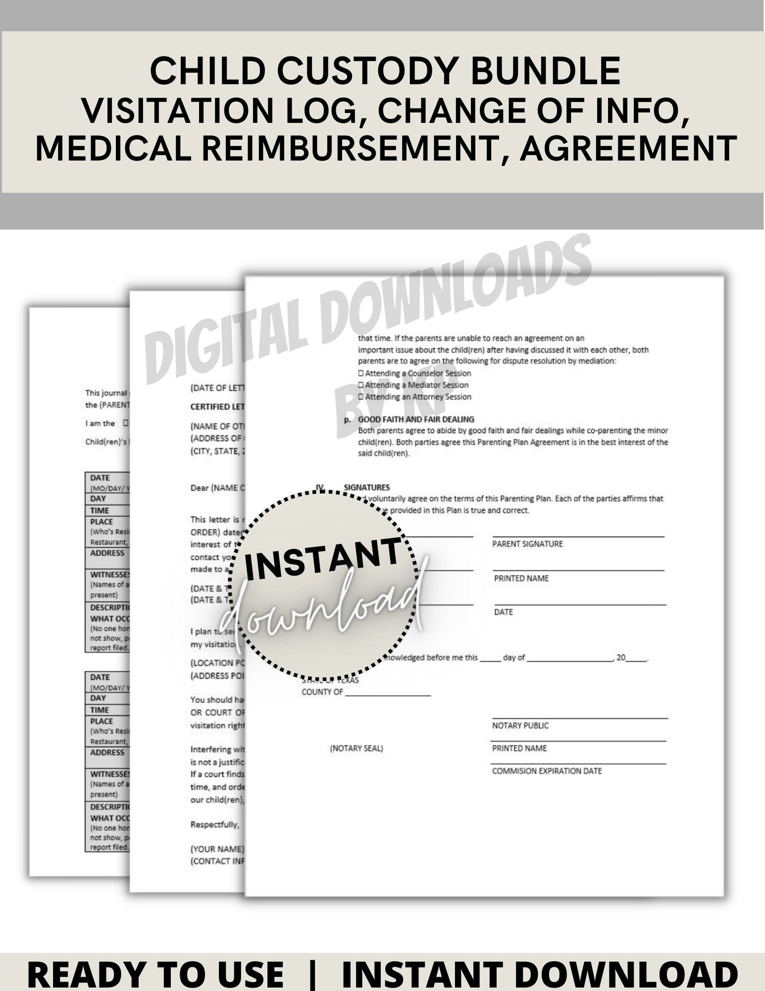 CHILD CUSTODY BUNDLE Agreement Visitation Log Visitation Withholding