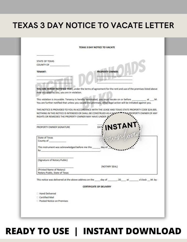Texas 3 Day Notice to Vacate Rental Letter Landlord Form Etsy Texas 3 Day Notice to Vacate Rental Letter Landlord Form Etsy