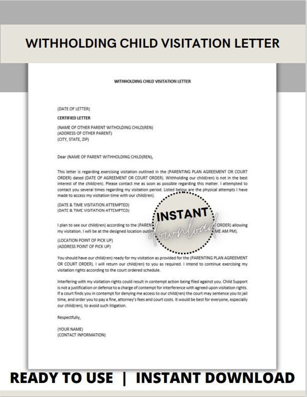 Child Custody Letter Withholding Child Visitation Letter Child Custody Letter Withholding Child Visitation Letter