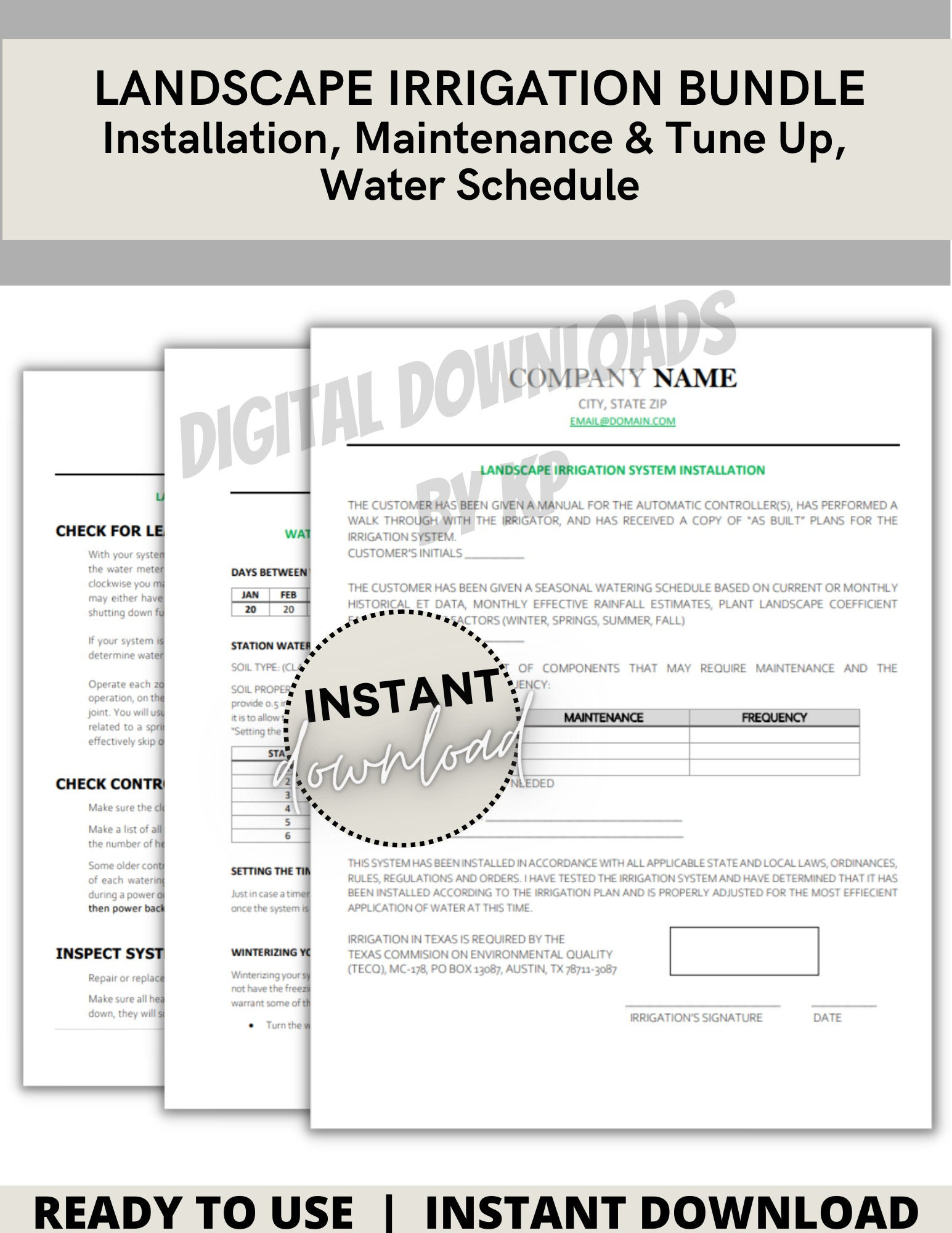 Landscape Irrigation System Bundle | Watering Schedule | Component Maintenance Checklist