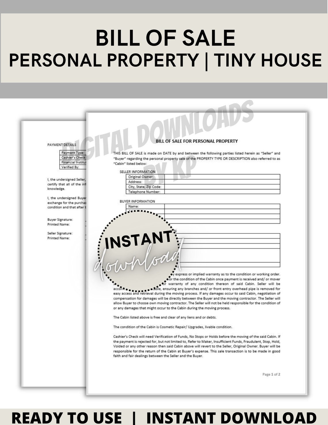 Bill of Sale Personal Property Tiny House Tiny Home Shed Etsy