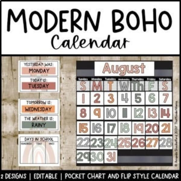 Moderner Boho Kalender | Bearbeitbar | Neutrales Klassenzimmer Dekor