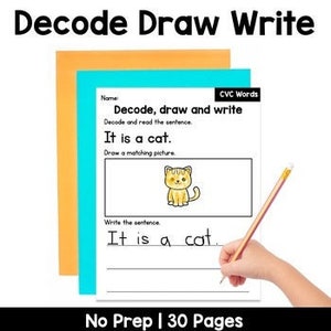 以下が含まれることがあります： 子供たちがCVC単語のデコード、描画、書き込みを練習するための印刷可能なワークシート。ワークシートには「It is a cat.」という文と、猫の絵を描くためのスペースがあります。