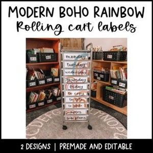 Moderne Boho Regenbogen Rolling Cart Etiketten | Bearbeitbar | Druckbar