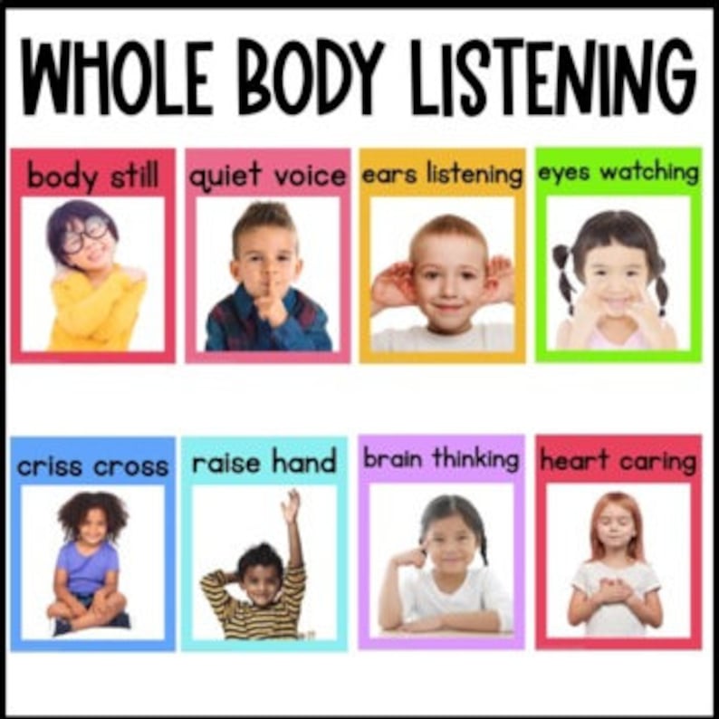 May include: A set of eight colorful cards with illustrations and text for teaching children about whole body listening. The cards feature phrases like "body still", "quiet voice", "ears listening", "eyes watching", "criss cross", "raise hand", "brain thinking", and "heart caring".
