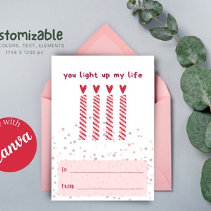 Cute Witty Red Pink Candle Love Valentine&#39;s Day Card, Editable Printable Canva Template