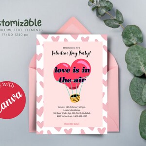 Cute Witty Pink Red Love Balloon Happy Valentine&#39;s Day Party Invitation Card, Editable Printable Canva Template