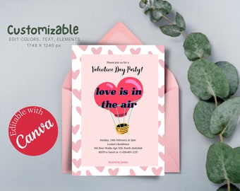 Niedliche witzige rosa rote Liebesballon-glückliche Valentinstag-Party-Einladungskarte, bearbeitbare druckbare Canva-Vorlage