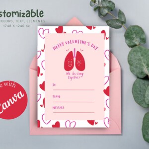 Cute Witty Pink Red Happy Valentine&#39;s Day Card, Editable Printable Canva Template, Lung Medicine Theme
