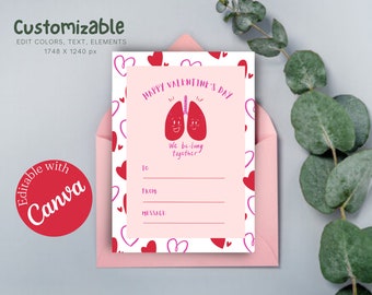 Cute Witty Pink Red Happy Valentine's Day Card, Editable Printable Canva Template, Lung Medicine Theme