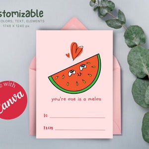 Cute Fruits Red Melon Valentine&#39;s Day Wish Card, Editable Printable Canva Template