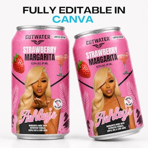 May include: Two pink aluminum cans labeled Cutwater Strawberry Margarita with 12.5% alc. by vol. Each can features a graphic of a strawberry, a cocktail glass, and a person with long blonde hair, with the text Ashley's and Made with Real Tequila.