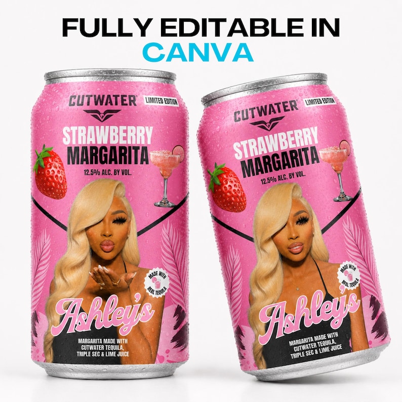 May include: Two pink aluminum cans labeled Cutwater Strawberry Margarita with 12.5% alc. by vol. Each can features a graphic of a strawberry, a cocktail glass, and a person with long blonde hair, with the text Ashley's and Made with Real Tequila.